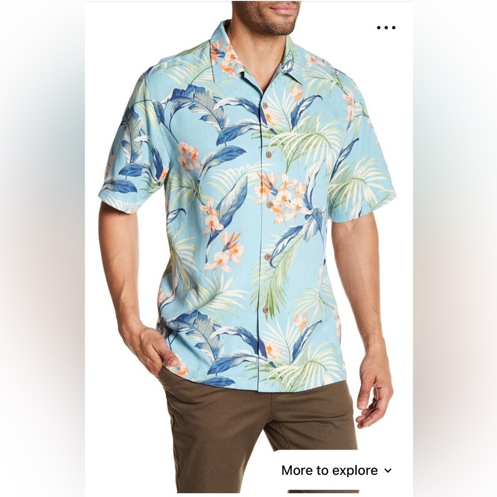 100% Silk Tommy Bahama Men's Tropical Blue Shirt Large Adara Garden hawaiian